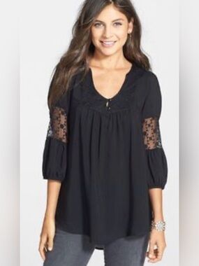 Painted Threads Black Lace-Panel Peasant Tunic, Scoop Neck, Size L